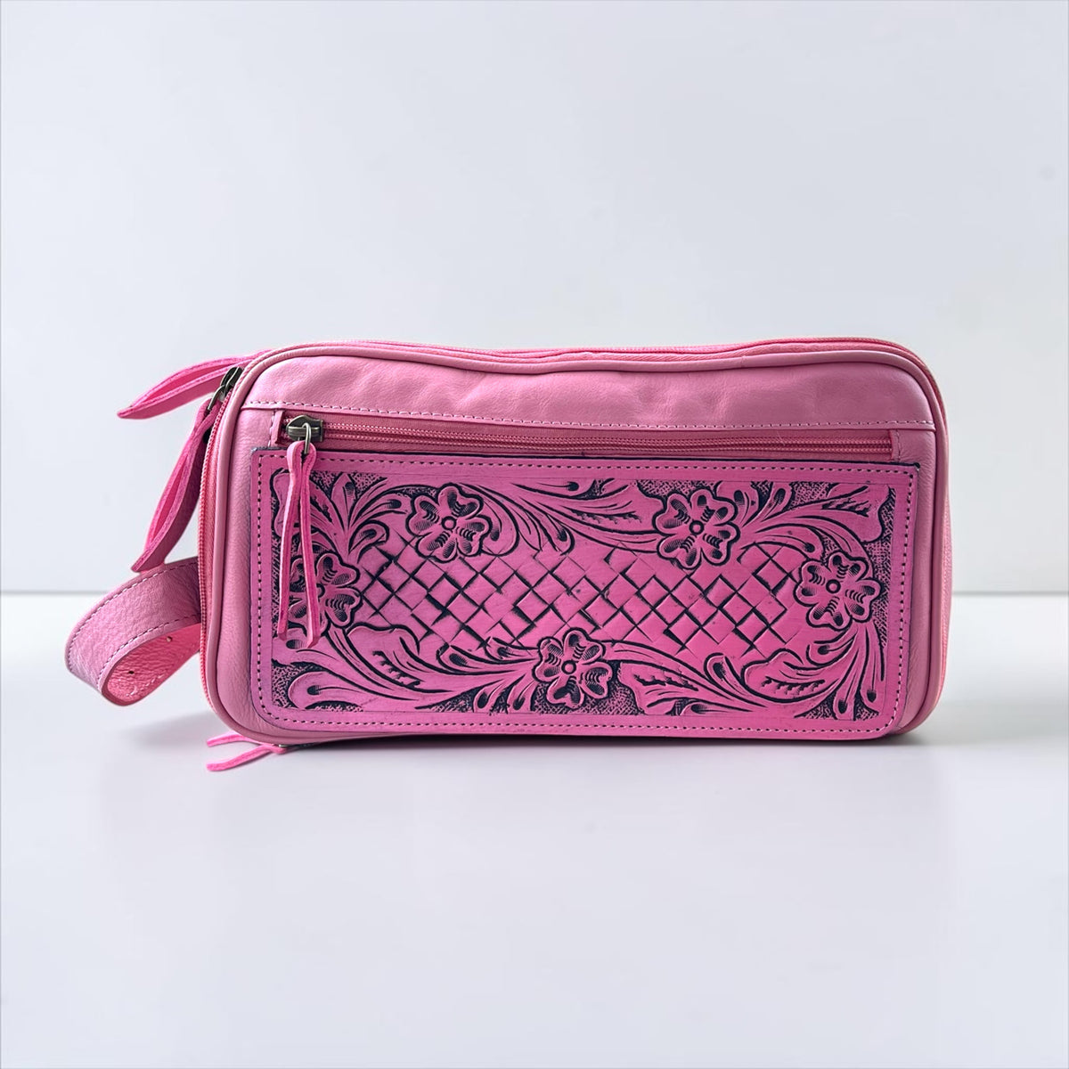 PINK TOOLED LEATHER TOILETRY BAG