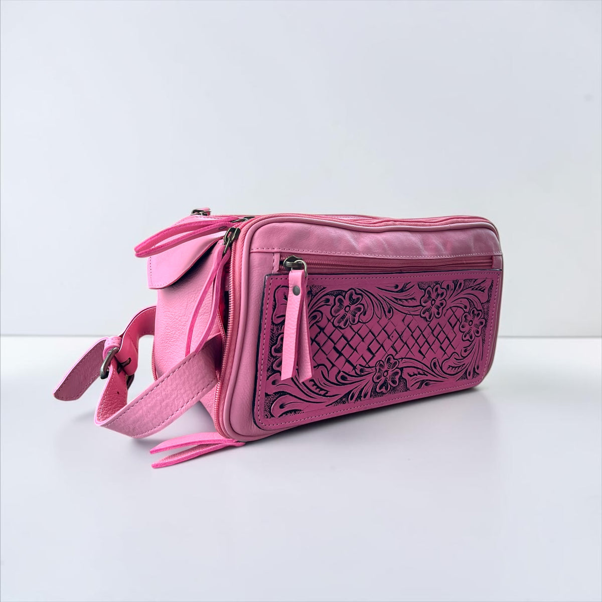 PINK TOOLED LEATHER TOILETRY BAG