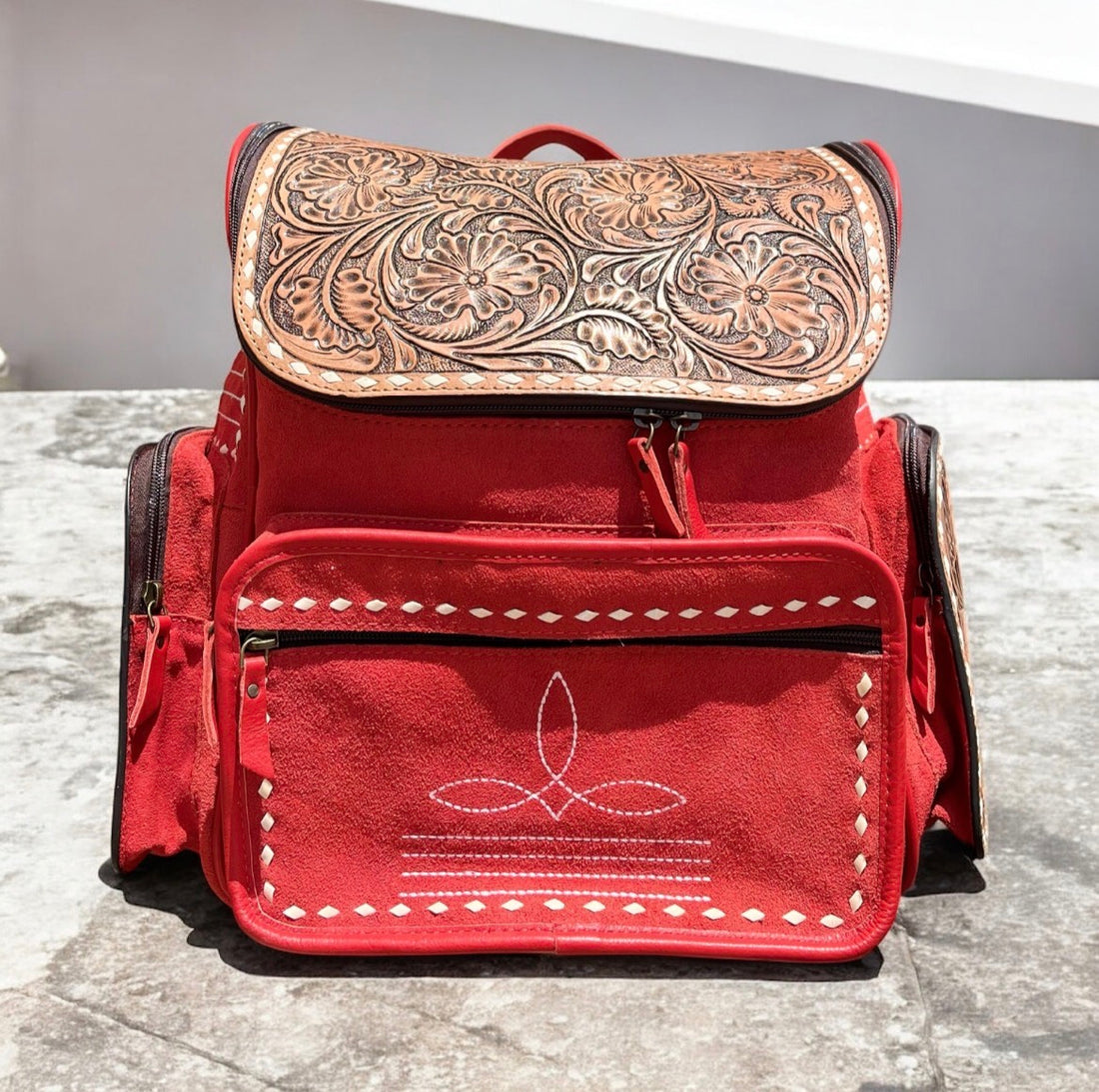 RED SUEDE BOOTSTITCH BACKPACK