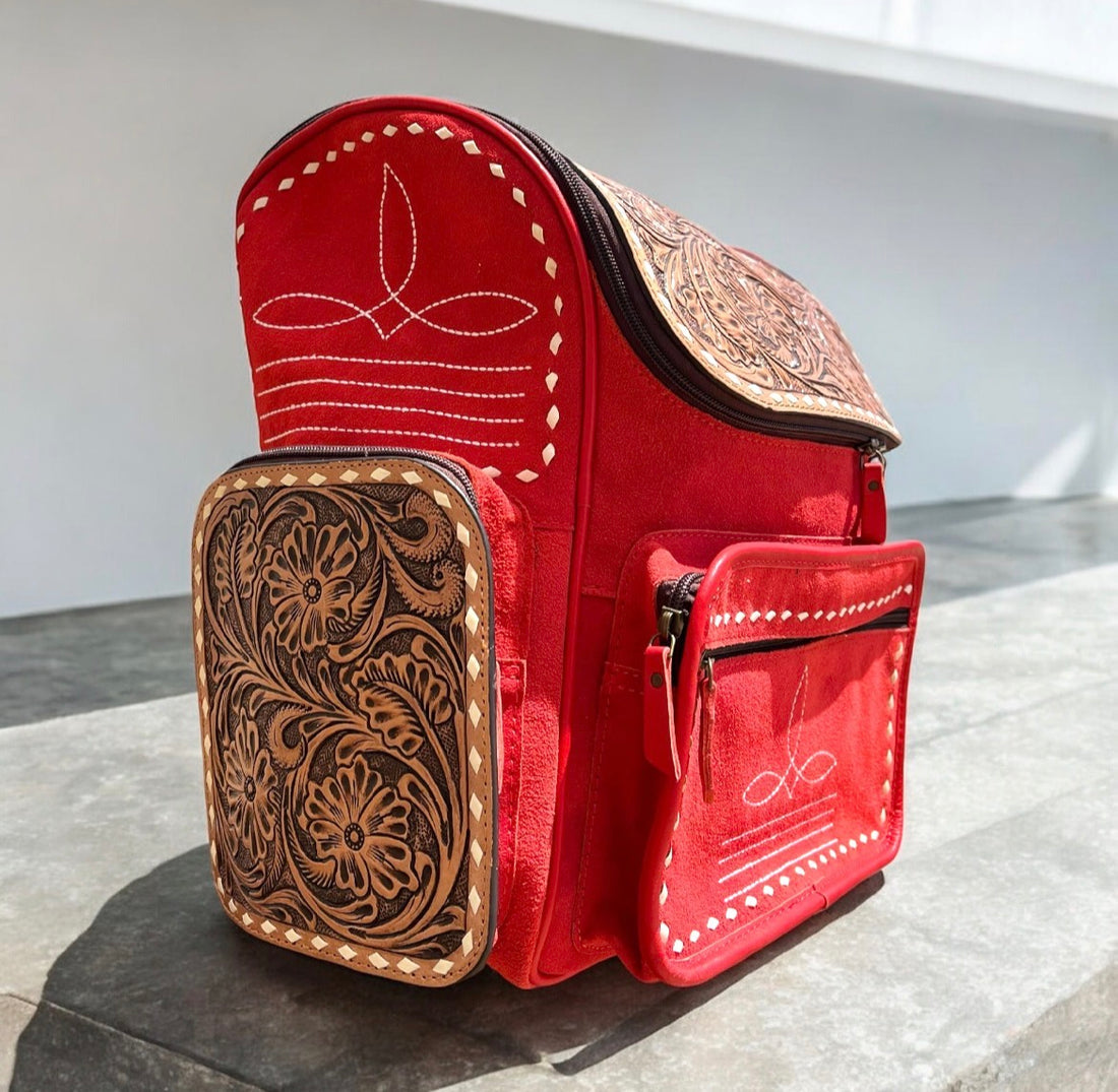 RED SUEDE BOOTSTITCH BACKPACK