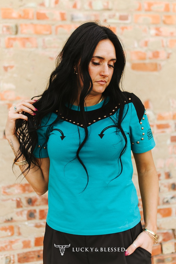 Lucky & Blessed JADE WESTERN BLACK CONTRAST STUDDED EMBROIDERED SHORT SLEEVE SHIRT PLUS SIZE