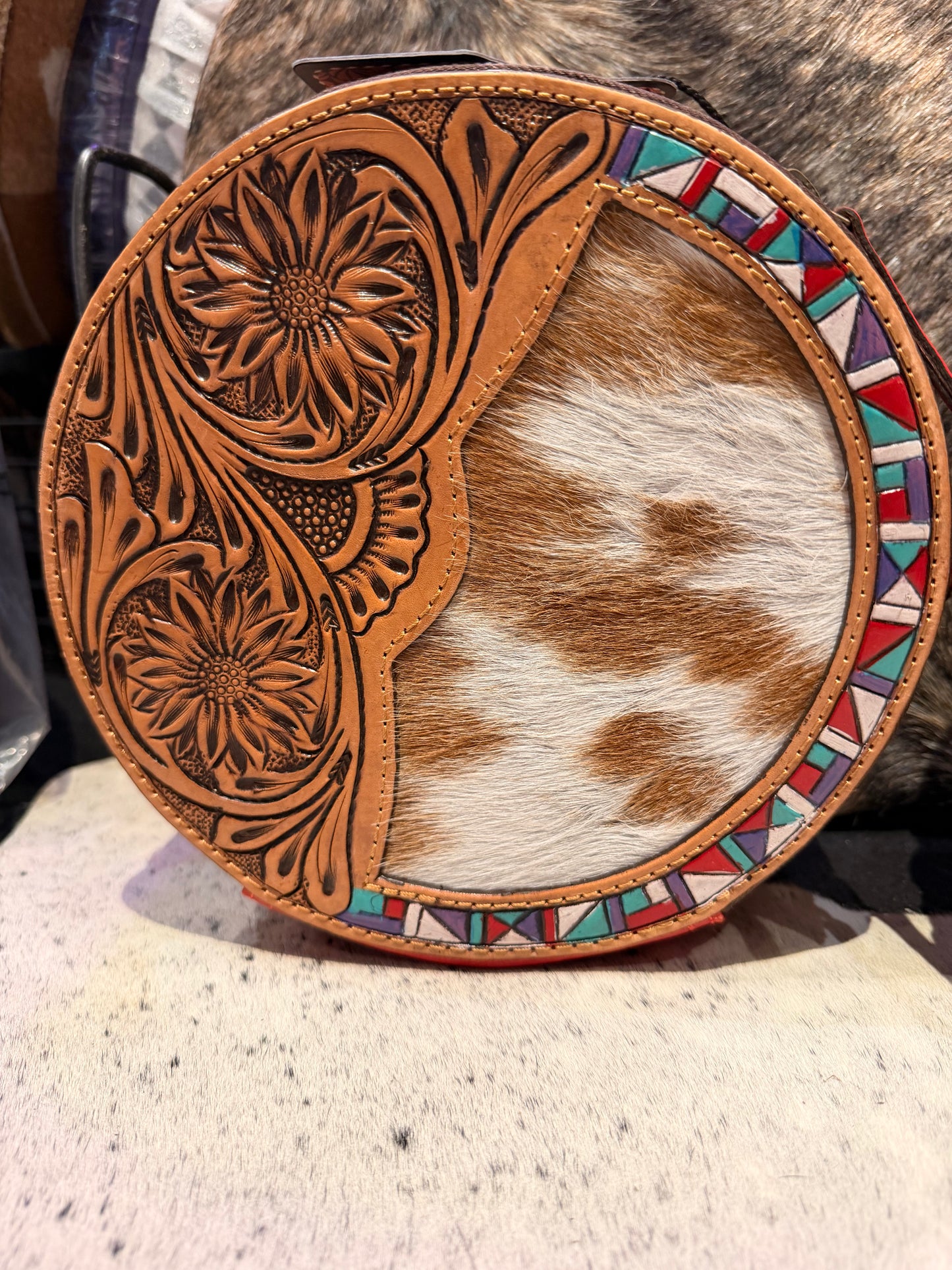 Genuine leather hand tooled canteen purse with cowhide
