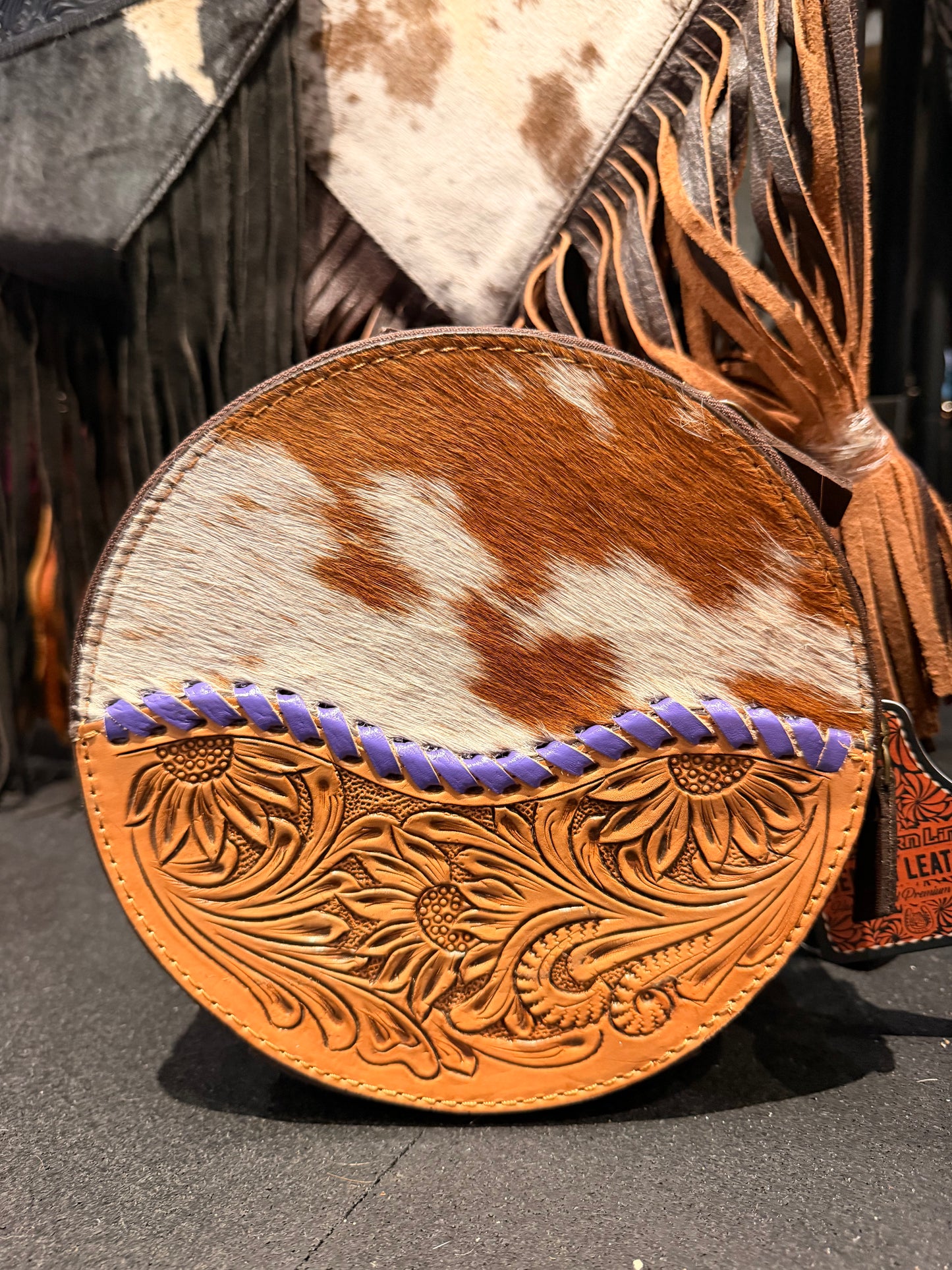 Genuine leather hand tooled and hand painted cowhide canteen purse