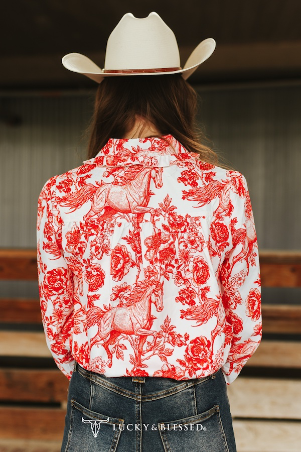 Lucky & Blessed IVORY RED HORSE FLORAL PRINTED RUFFLE COLLAR BUTTON DOWN PUFF LONG SLEEVE SHIRT PLUS SIZE