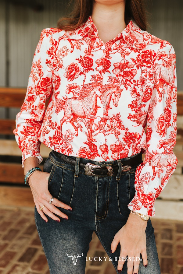 Lucky & Blessed IVORY RED HORSE FLORAL PRINTED RUFFLE COLLAR BUTTON DOWN PUFF LONG SLEEVE SHIRT PLUS SIZE