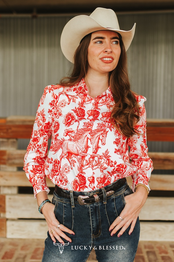 Lucky & Blessed IVORY RED HORSE FLORAL PRINTED RUFFLE COLLAR BUTTON DOWN PUFF LONG SLEEVE SHIRT PLUS SIZE