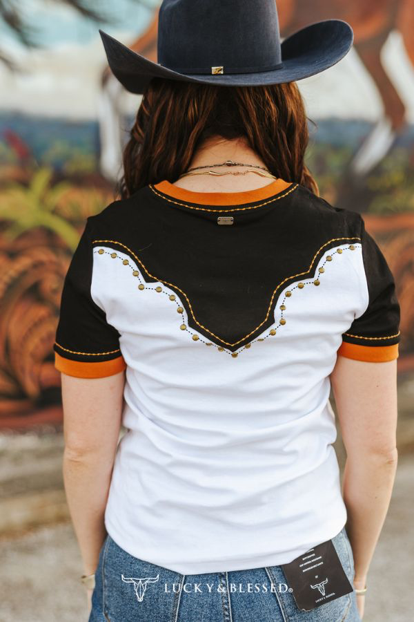 Lucky & Blessed IVORY HOWDY WESTERN YOKE STUDDED SHORT SLEEVE CONTRAST HEM SHIRT PLUS SIZE