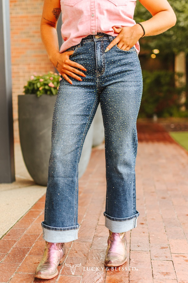 Lucky & Blessed DARK WASH IRIDESCENT RHINESTONE CUFFED BOYFRIEND HIGH RISE JEANS (28IN INSEAM)