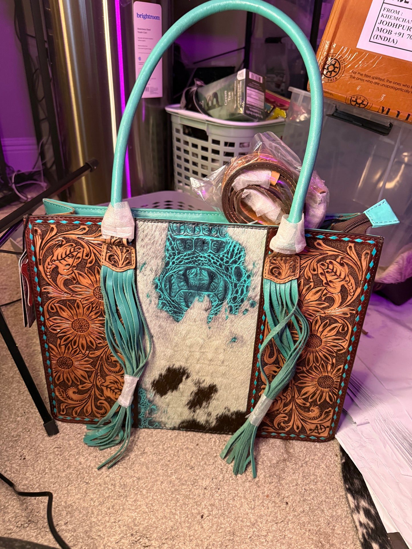 Turquoise Cowhide & Tooled Leather Tote Bag