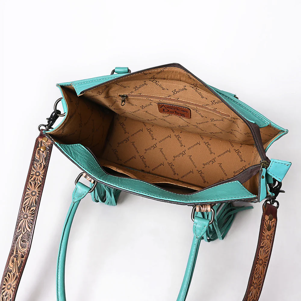 Turquoise Cowhide & Tooled Leather Tote Bag