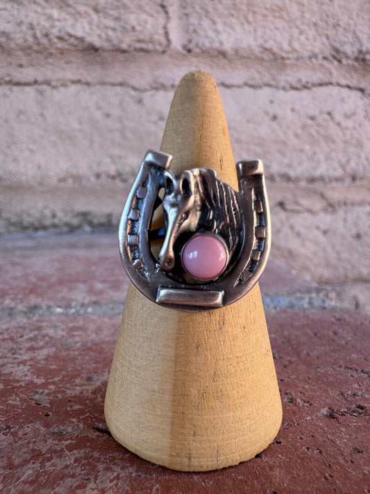 Handcrafted Pink Conch Sterling Silver Horseshoe Ring