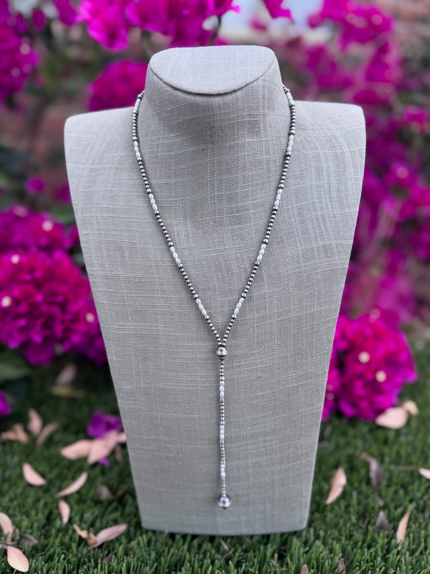 Handcrafted Freshwater Pearl & Sterling Silver Pearl 3-10mm Beaded Lariat Necklace 20"