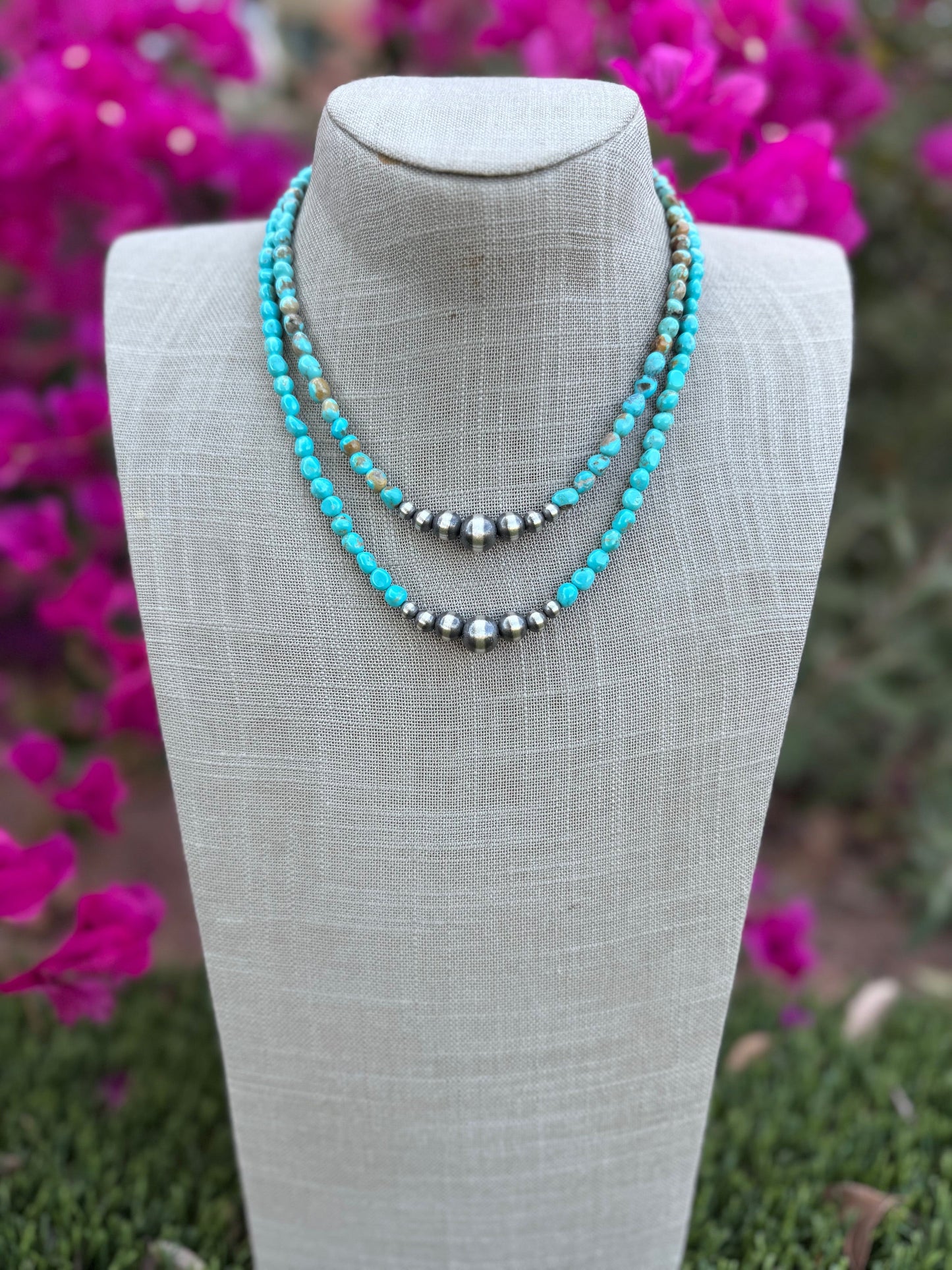 Handcrafted Kingman Turquoise & Sterling Silver 5-10mm Beaded Necklace