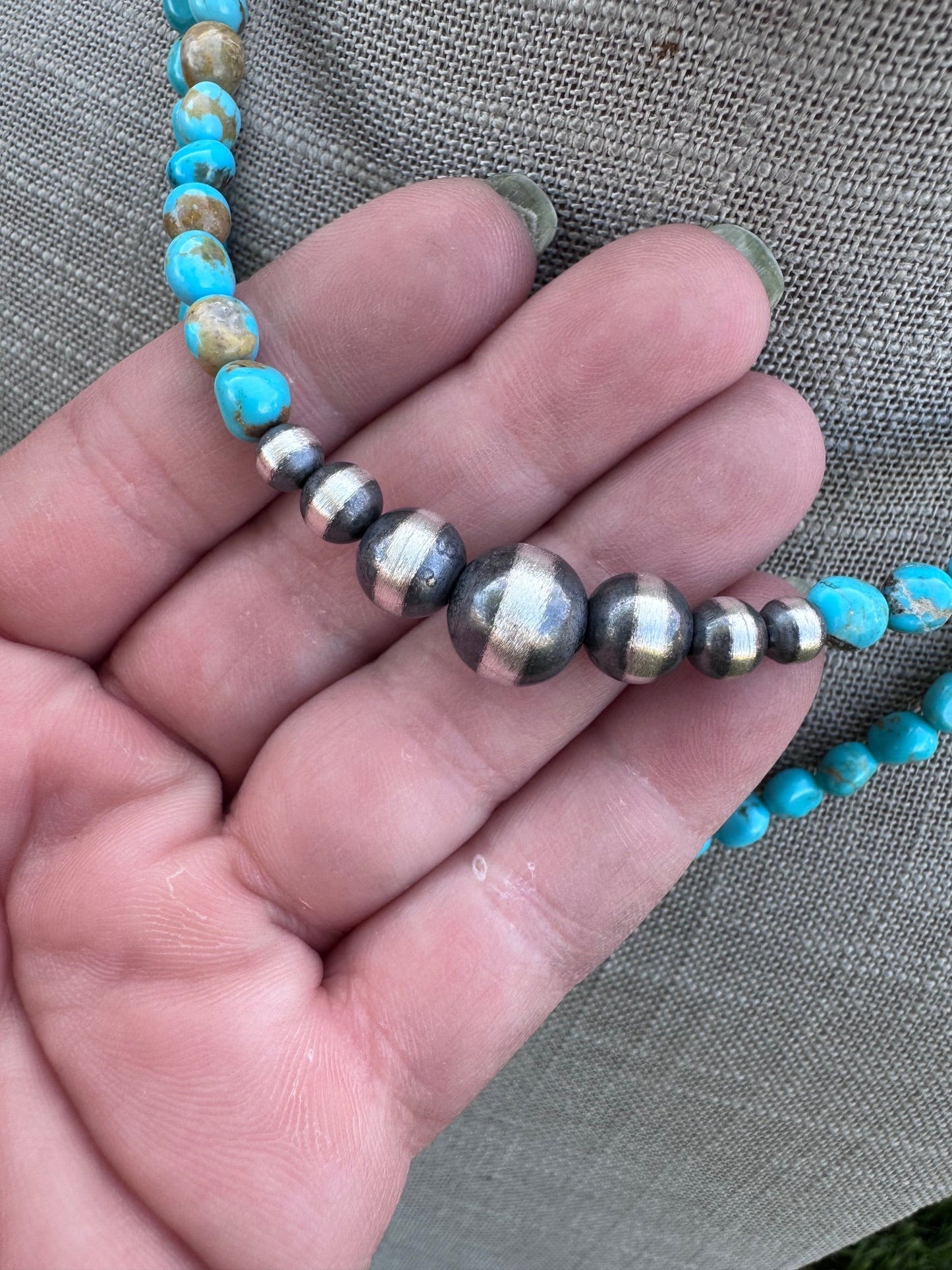 Handcrafted Kingman Turquoise & Sterling Silver 5-10mm Beaded Necklace