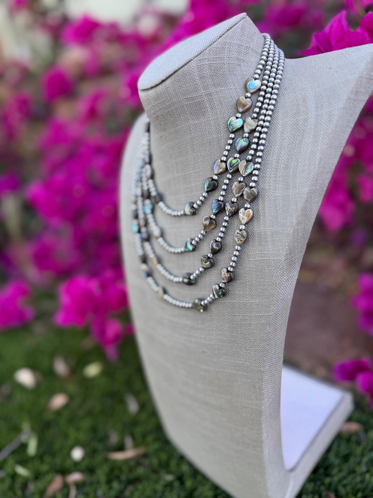 Handcrafted Heart Abalone & Sterling Silver Pearl 4mm Beaded Necklace