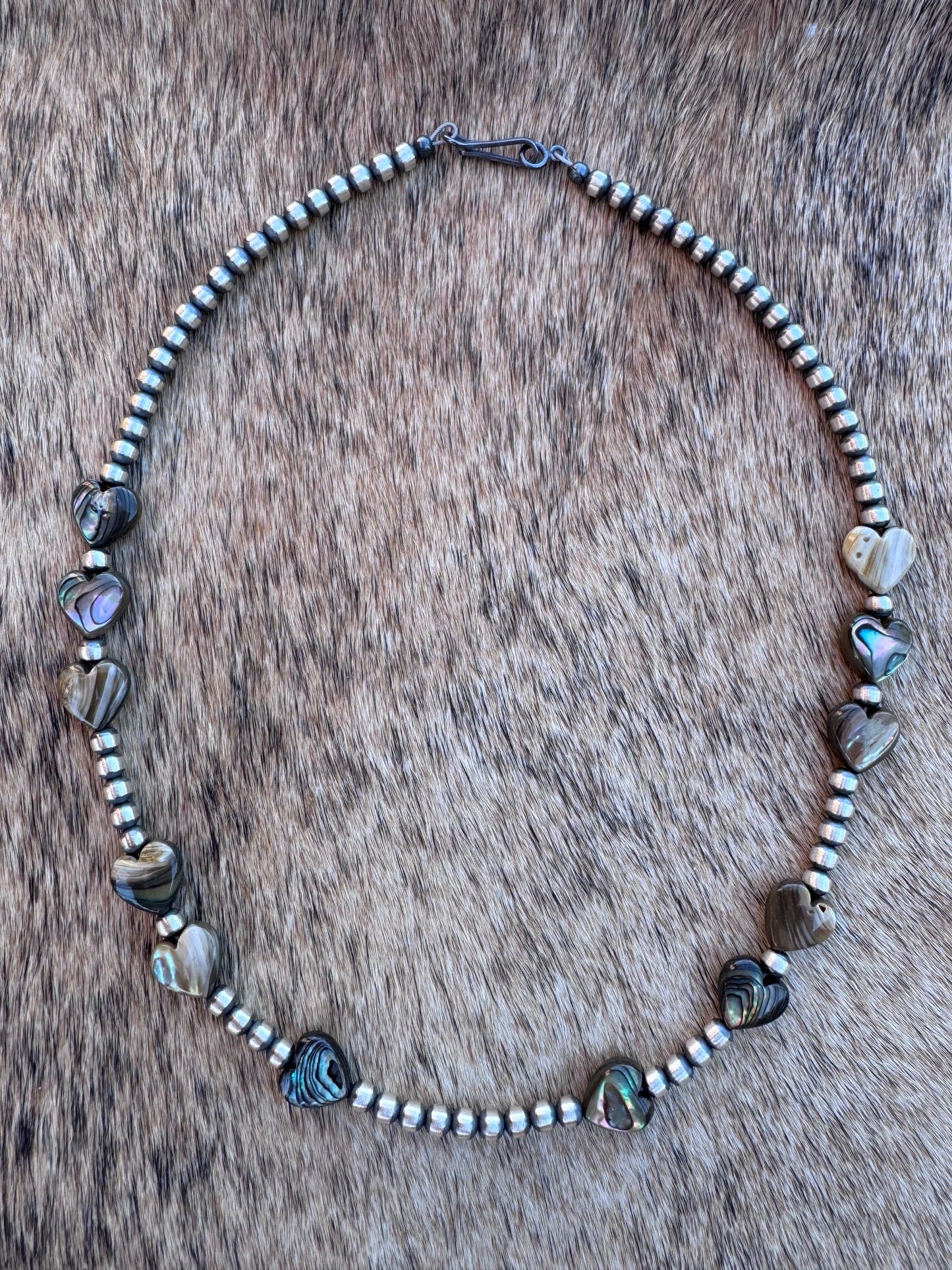 Handcrafted Heart Abalone & Sterling Silver Pearl 4mm Beaded Necklace
