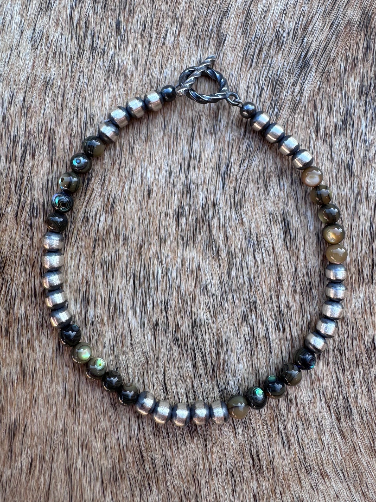 Handcrafted Abalone & Sterling Silver Pearl 4mm Beaded Bracelet 7.5"