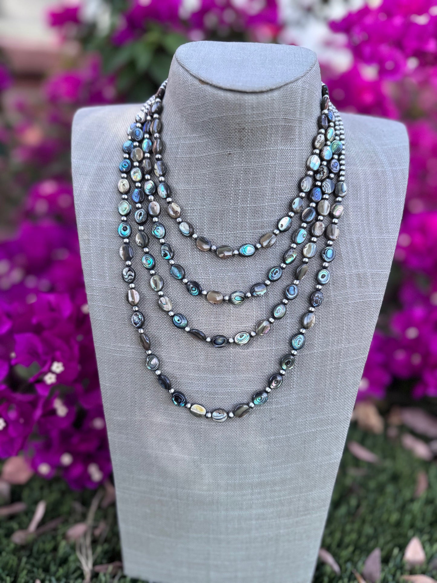 Handcrafted Abalone Oval & Sterling Silver Pearl 4mm Beaded Necklace