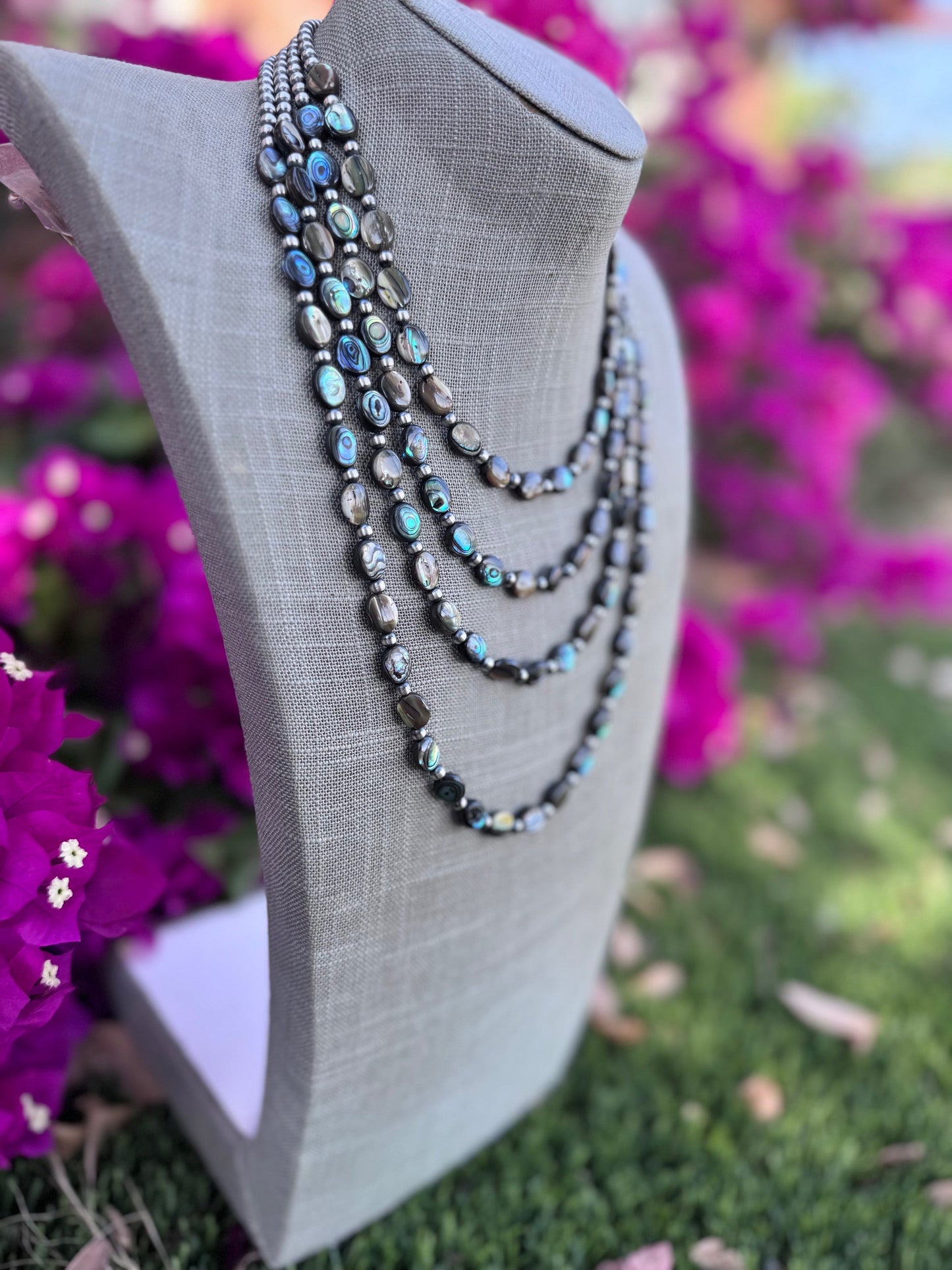 Handcrafted Abalone Oval & Sterling Silver Pearl 4mm Beaded Necklace