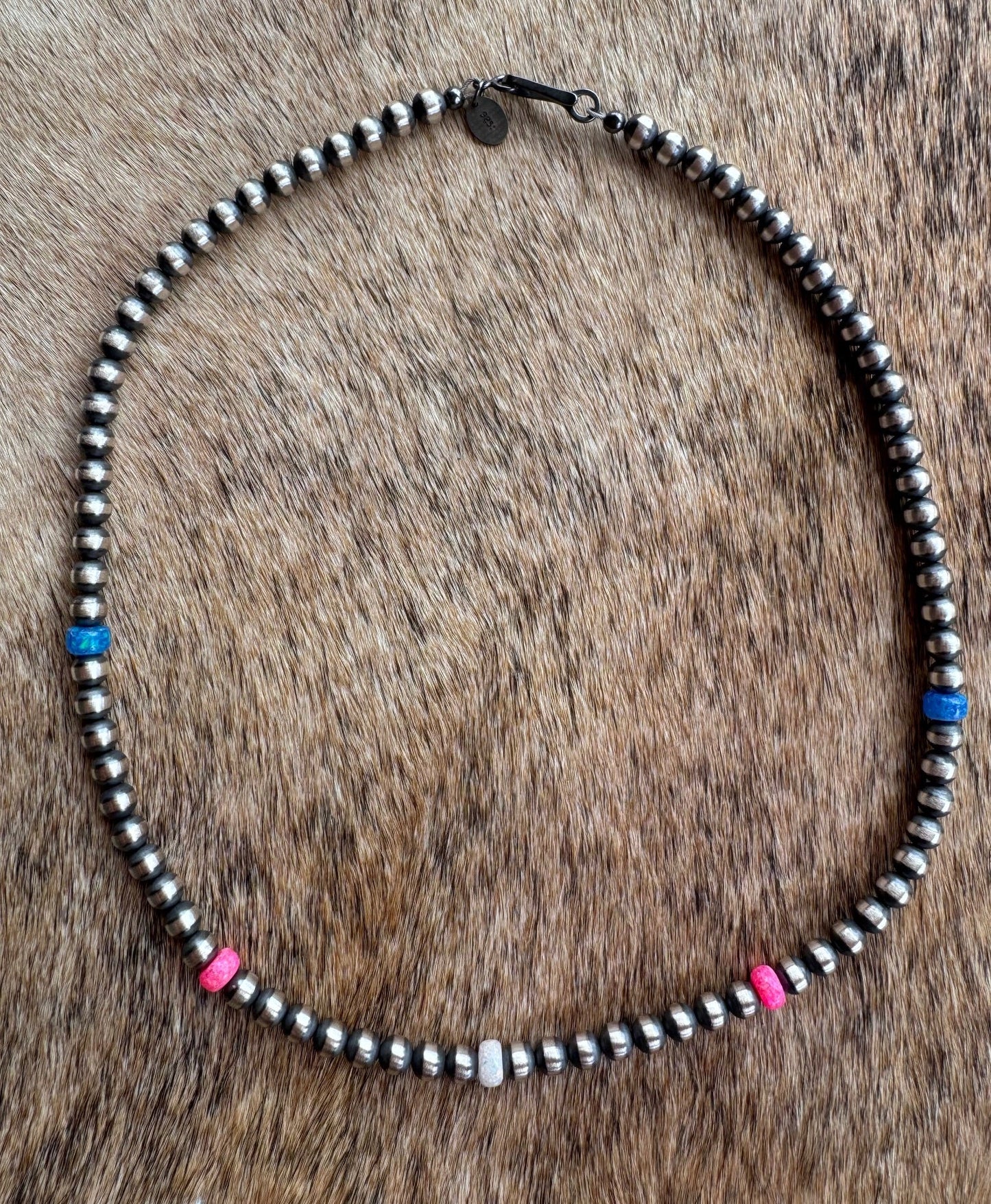 Handcrafted Fire Opal Collection & Sterling Silver Pearl Beaded 5mm Necklace 16"