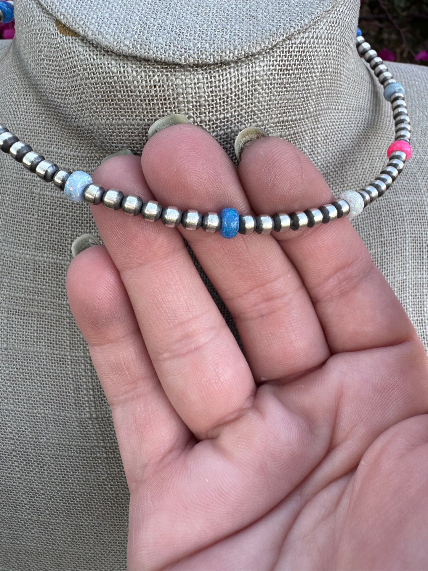 Handcrafted Fire Opal Collection & Sterling Silver 4mm Beaded Wrap Choker Necklace