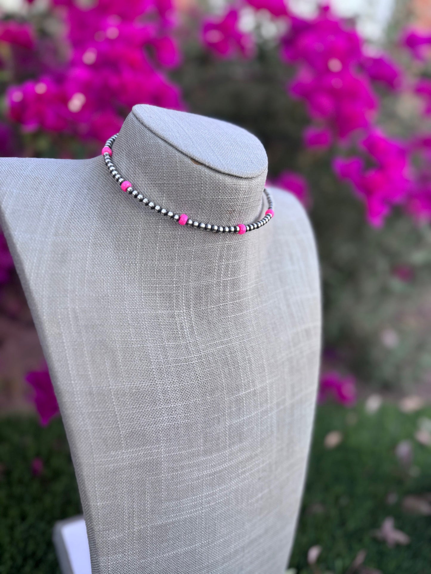 Handcrafted Hot Pink Fire Opal & Sterling Silver 4mm Beaded Wrap Choker Necklace