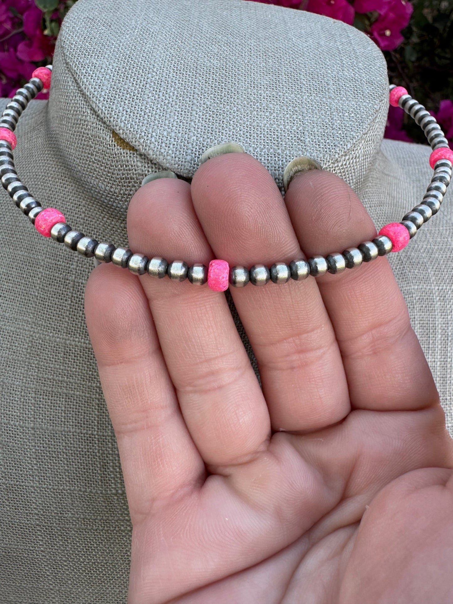 Handcrafted Hot Pink Fire Opal & Sterling Silver 4mm Beaded Wrap Choker Necklace