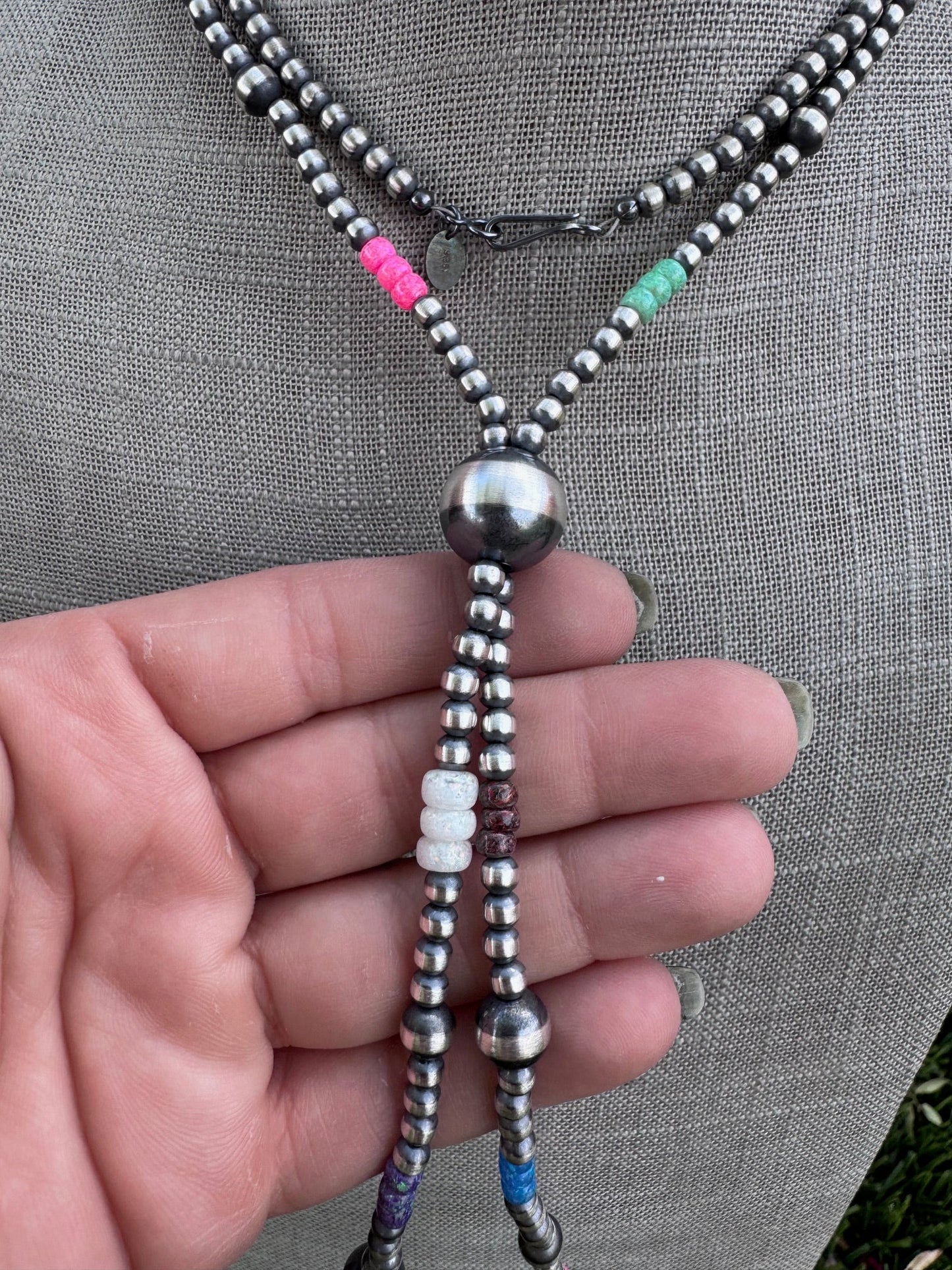 Handcrafted Fire Opal Collection & Sterling Silver Pearl 4-14mm Beaded Jacla Necklace 30"