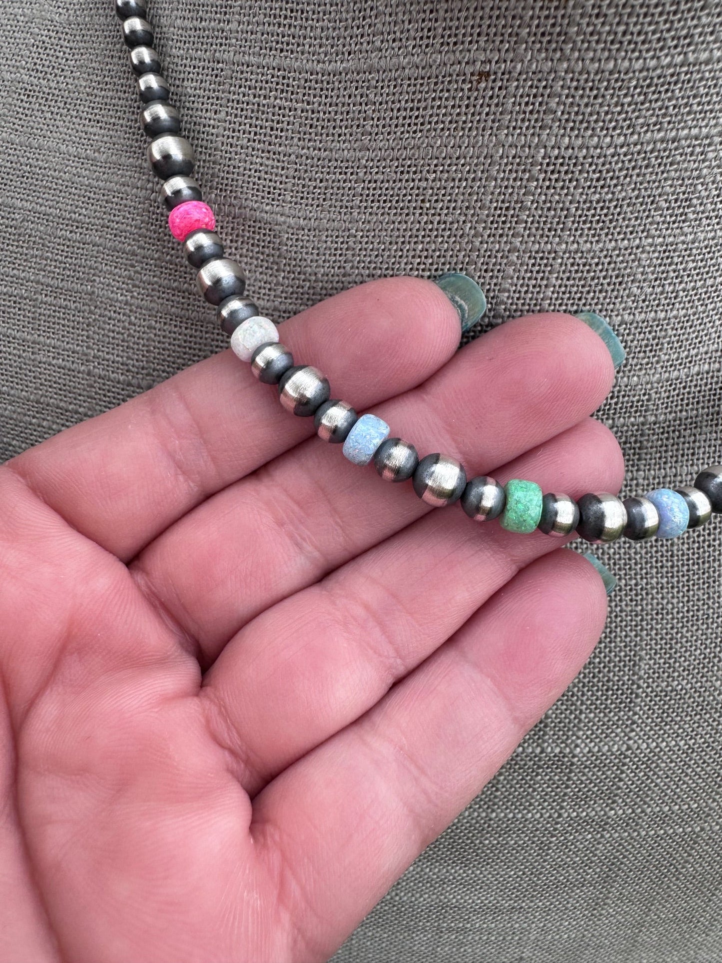Handcrafted Fire Opal Collection & Sterling Silver Pearl Beaded 3-6mm Necklace 16"