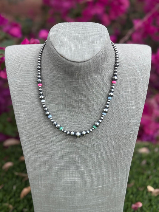 Handcrafted Fire Opal Collection & Sterling Silver Pearl Beaded 3-10mm Necklace 18"