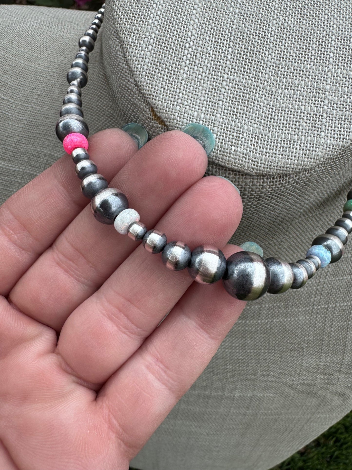 Handcrafted Fire Opal Collection & Sterling Silver Pearl Beaded 3-10mm Necklace 14"
