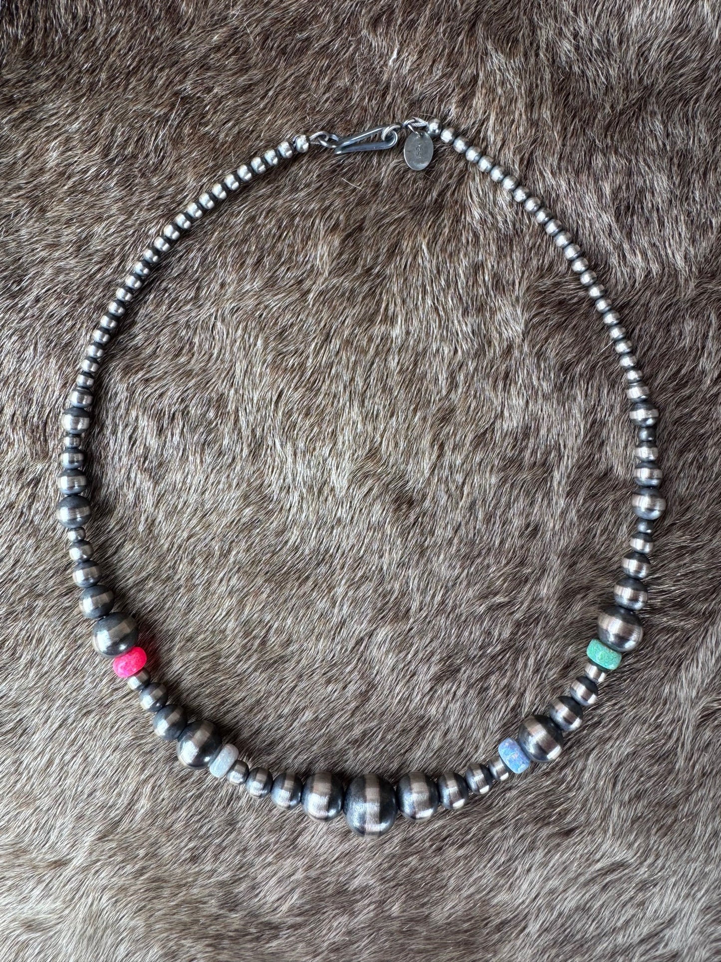 Handcrafted Fire Opal Collection & Sterling Silver Pearl Beaded 3-10mm Necklace 14"