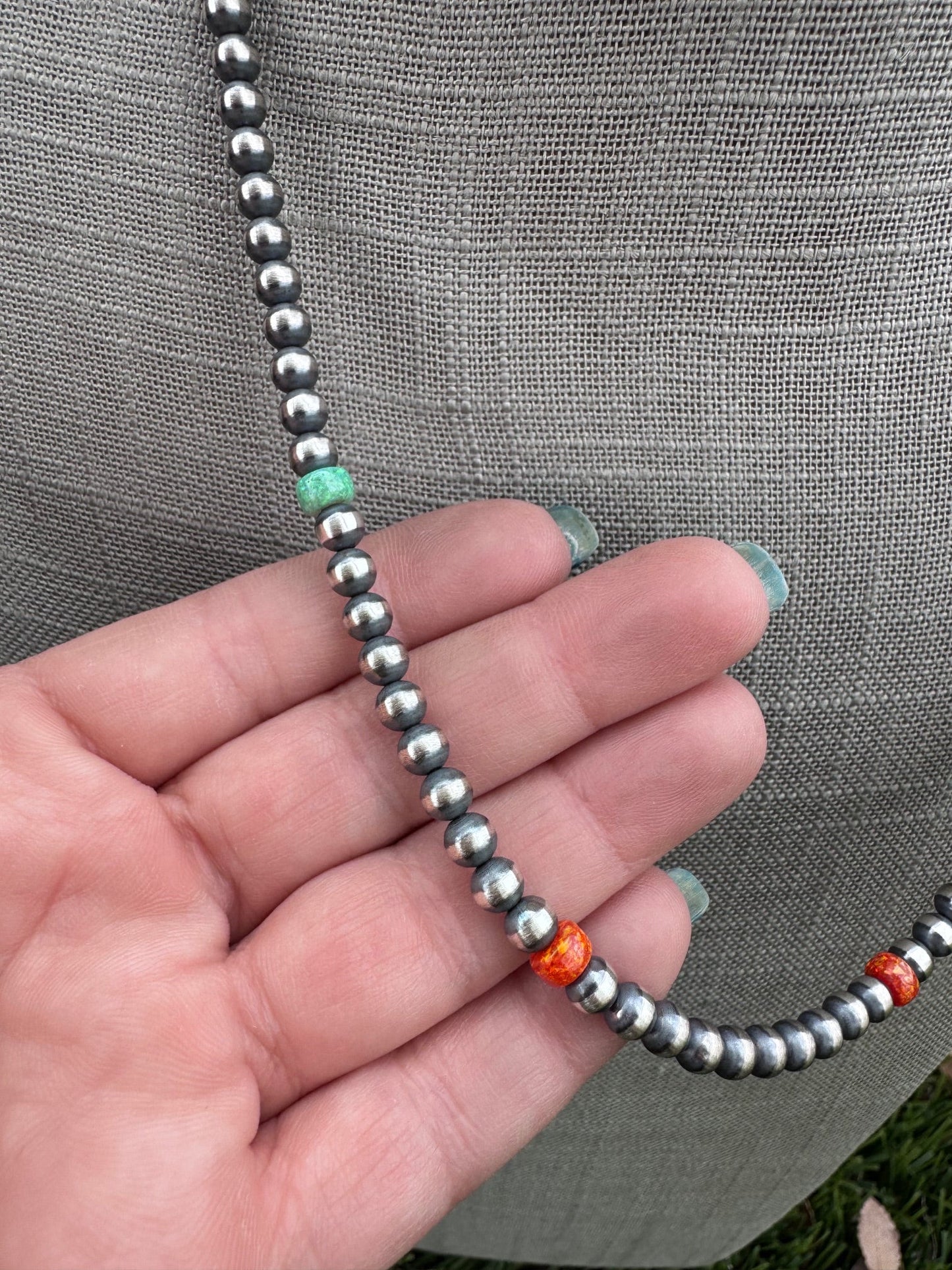 Handcrafted Fire Opal Collection & Sterling Silver Pearl Beaded 5mm Necklace 22"
