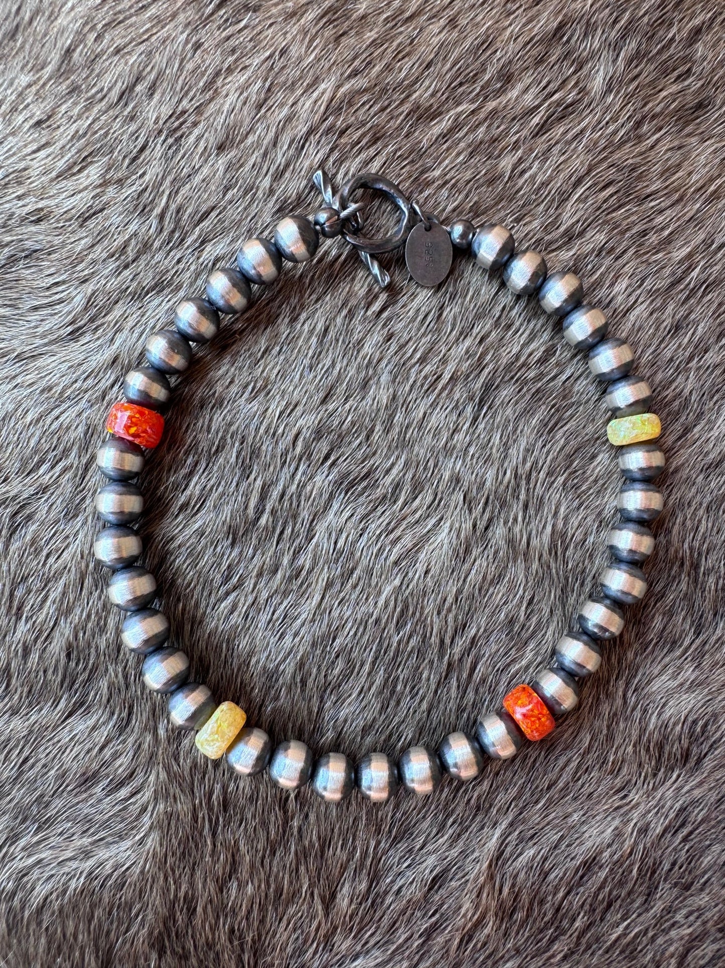 Handcrafted Fire Opal Collection & Sterling Silver Pearl 5mm Beaded Bracelet 7.5"
