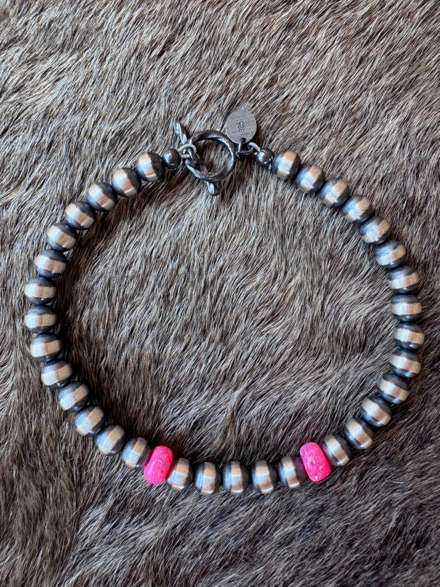 Handcrafted Hot Pink Fire Opal & Sterling Silver Pearl 5mm Beaded Bracelet 7"