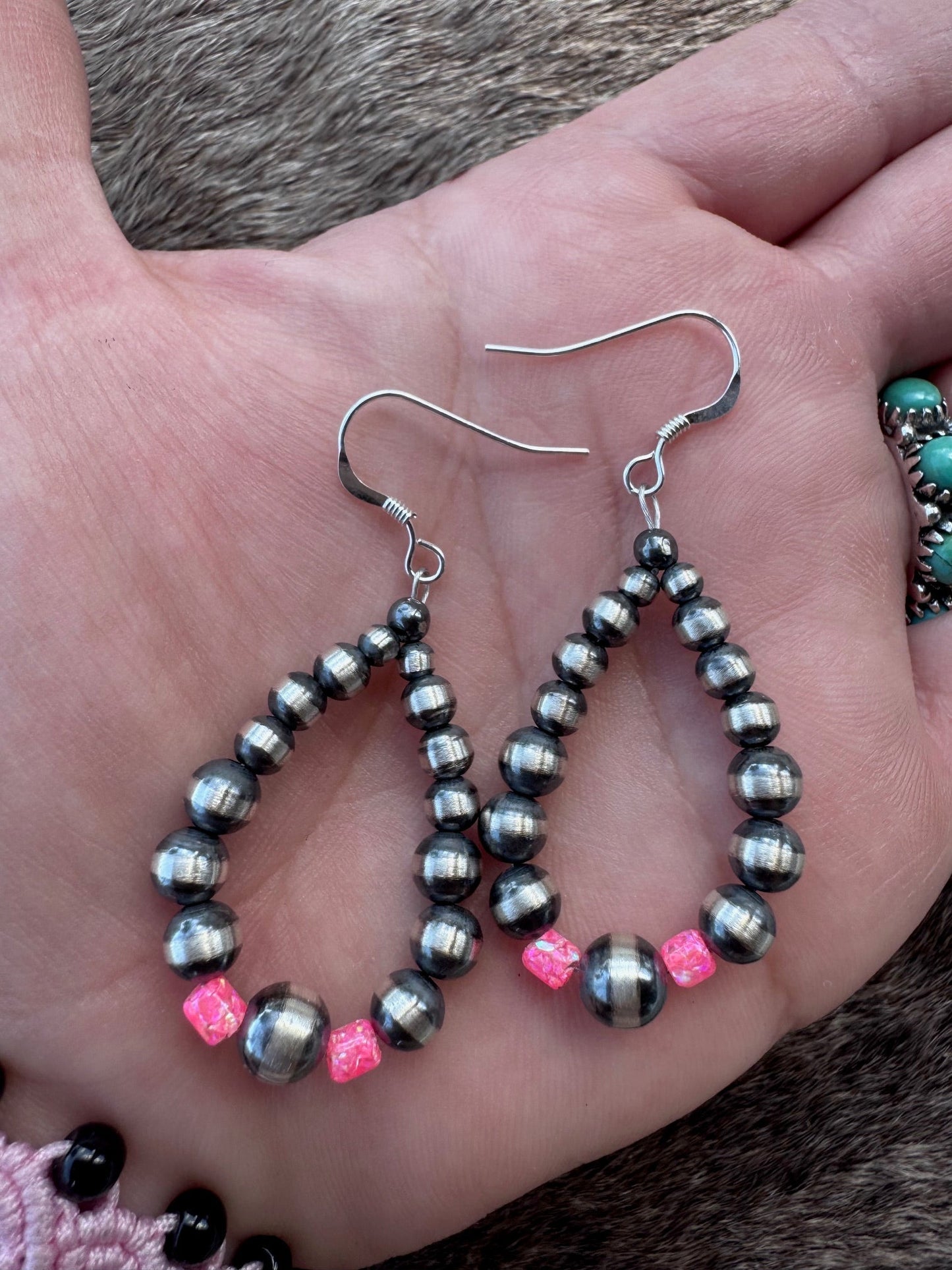 Handcrafted Hot Pink Fire Opal & Sterling Silver Pearl 3-6mm Beaded Hoop Dangle Earring