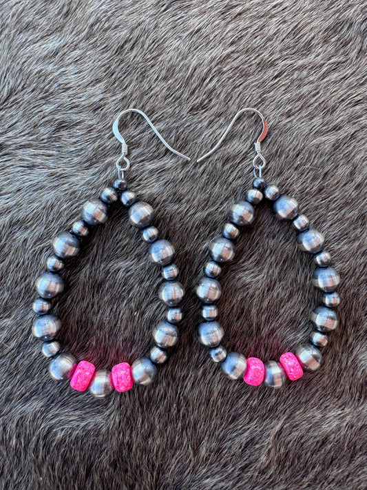 Handcrafted Hot Pink Fire Opal & Sterling Silver Pearl 4-6mm Beaded Hoop Dangle Earring