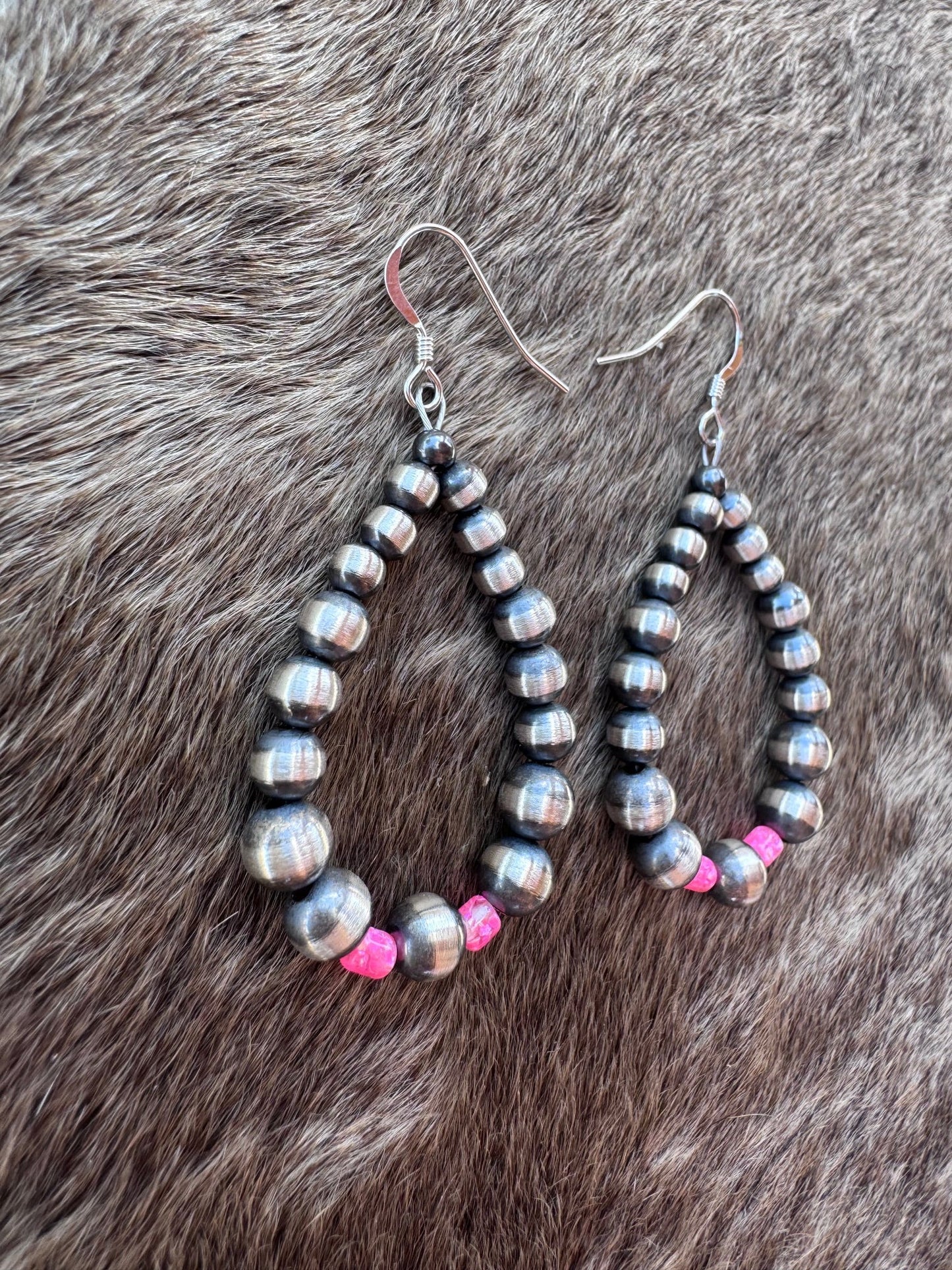 Handcrafted Hot Pink Fire Opal & Sterling Silver Pearl 4-6mm Beaded Hoop Dangle Earring