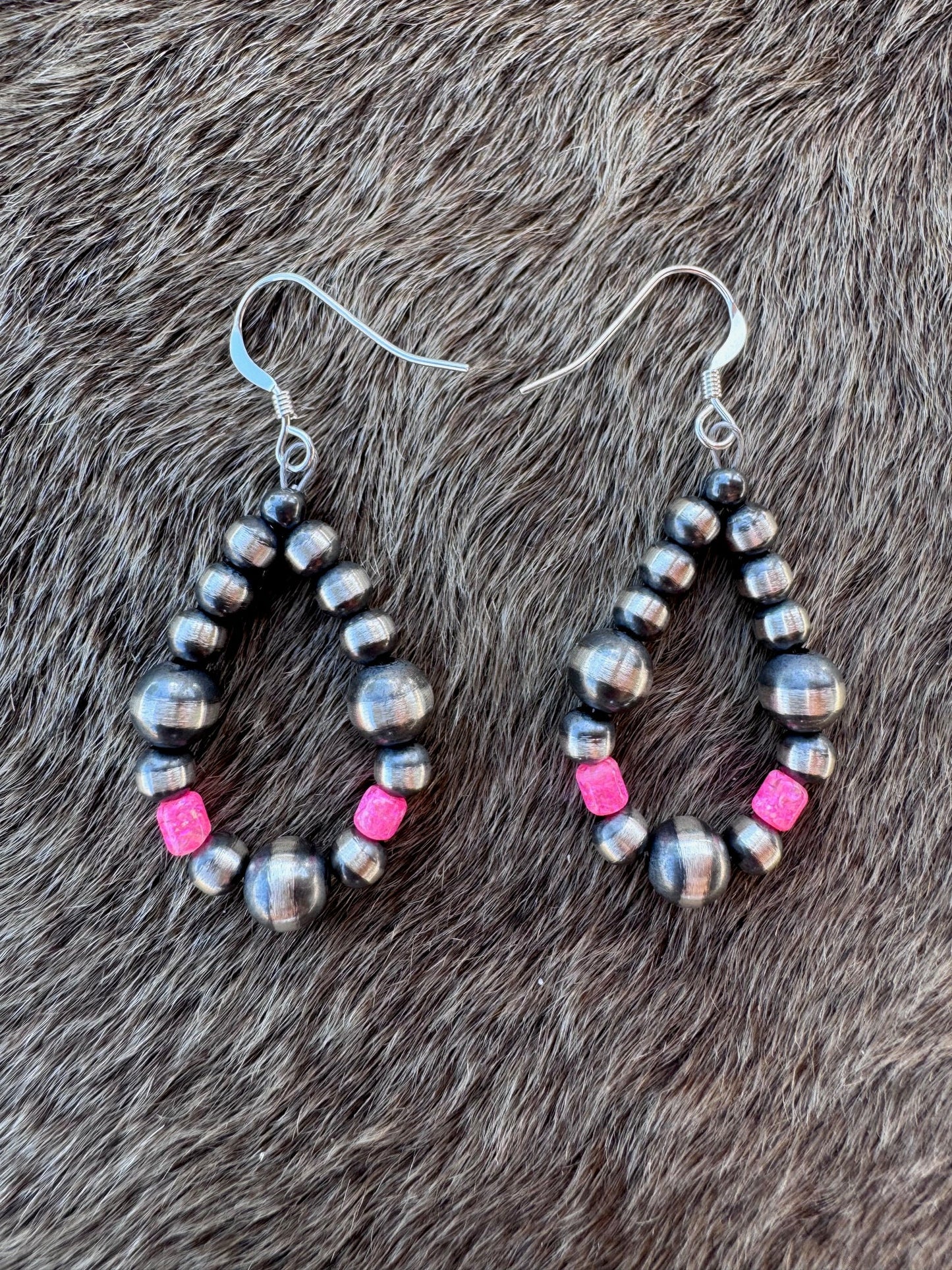 Handcrafted Hot Pink Fire Opal & Sterling Silver Pearl 4-6mm Beaded Hoop Dangle Earring