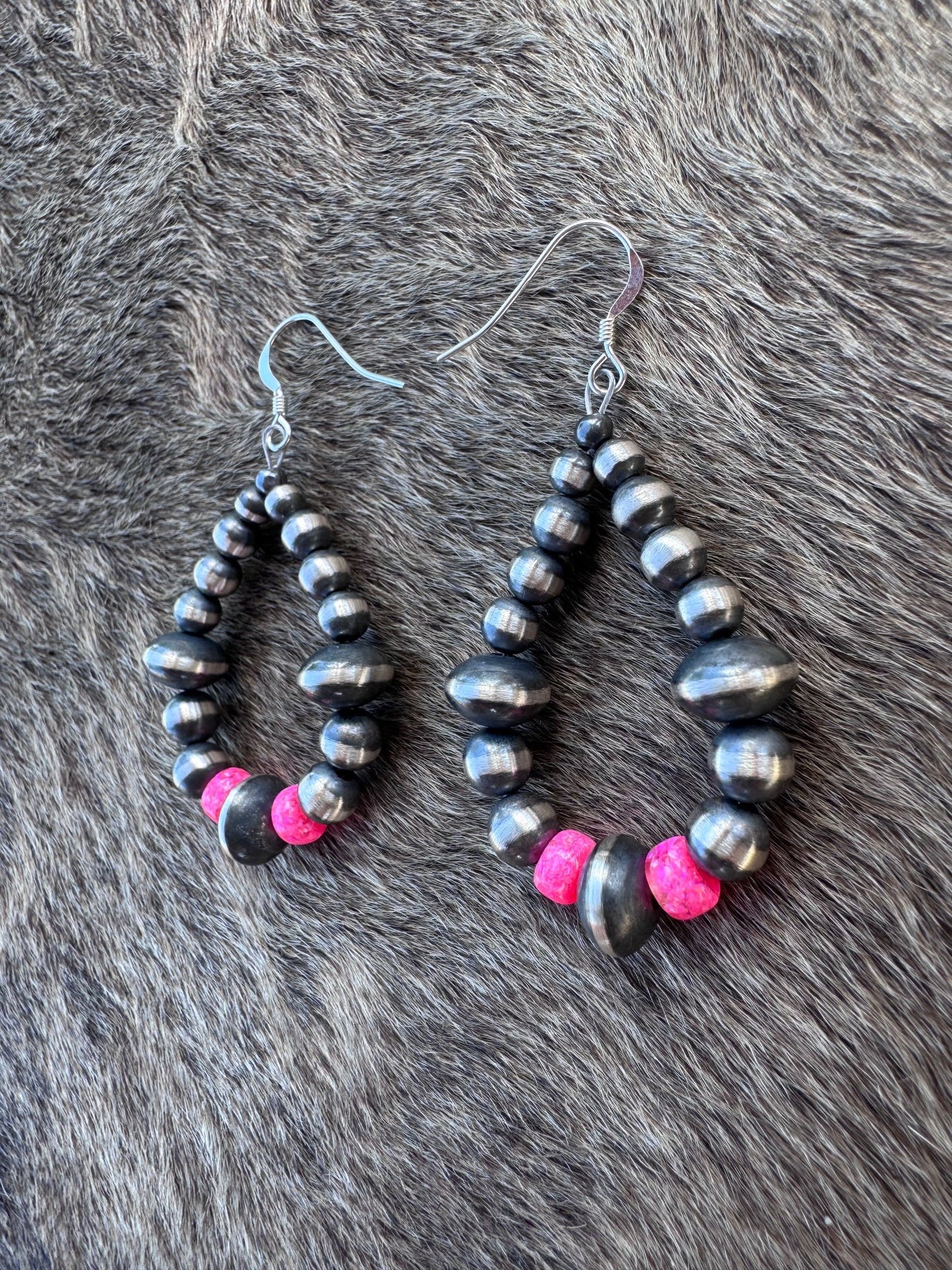 Handcrafted Hot Pink Fire Opal & Sterling Silver Pearl 4-8mm Mixed Beaded Hoop Dangle Earring
