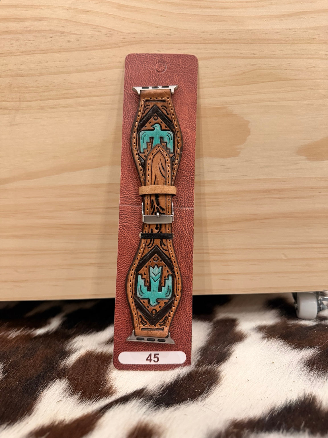 Brown tooled 45 mm watch band with turquoise thunderbird and cactus design