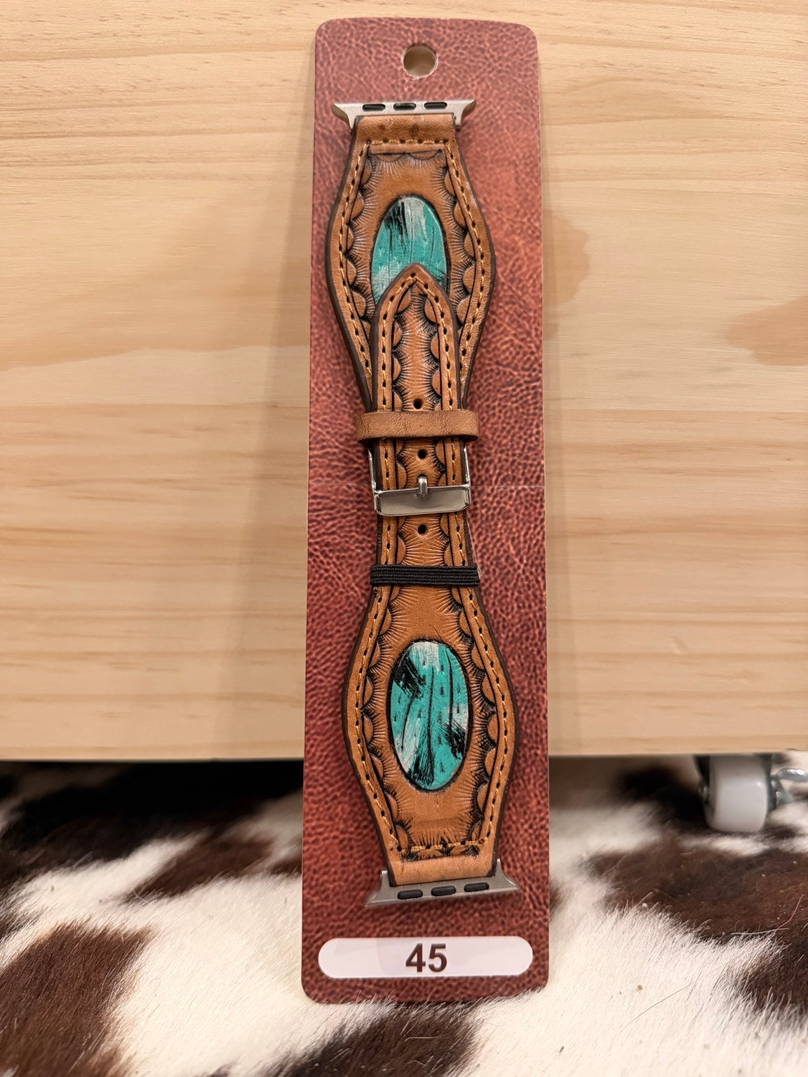 Brown tooled 45 mm watch band with turquoise oval accents
