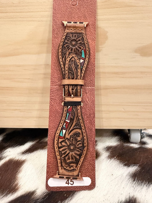 Brown floral tooled 45 mm watch band with multicolor geometric accents