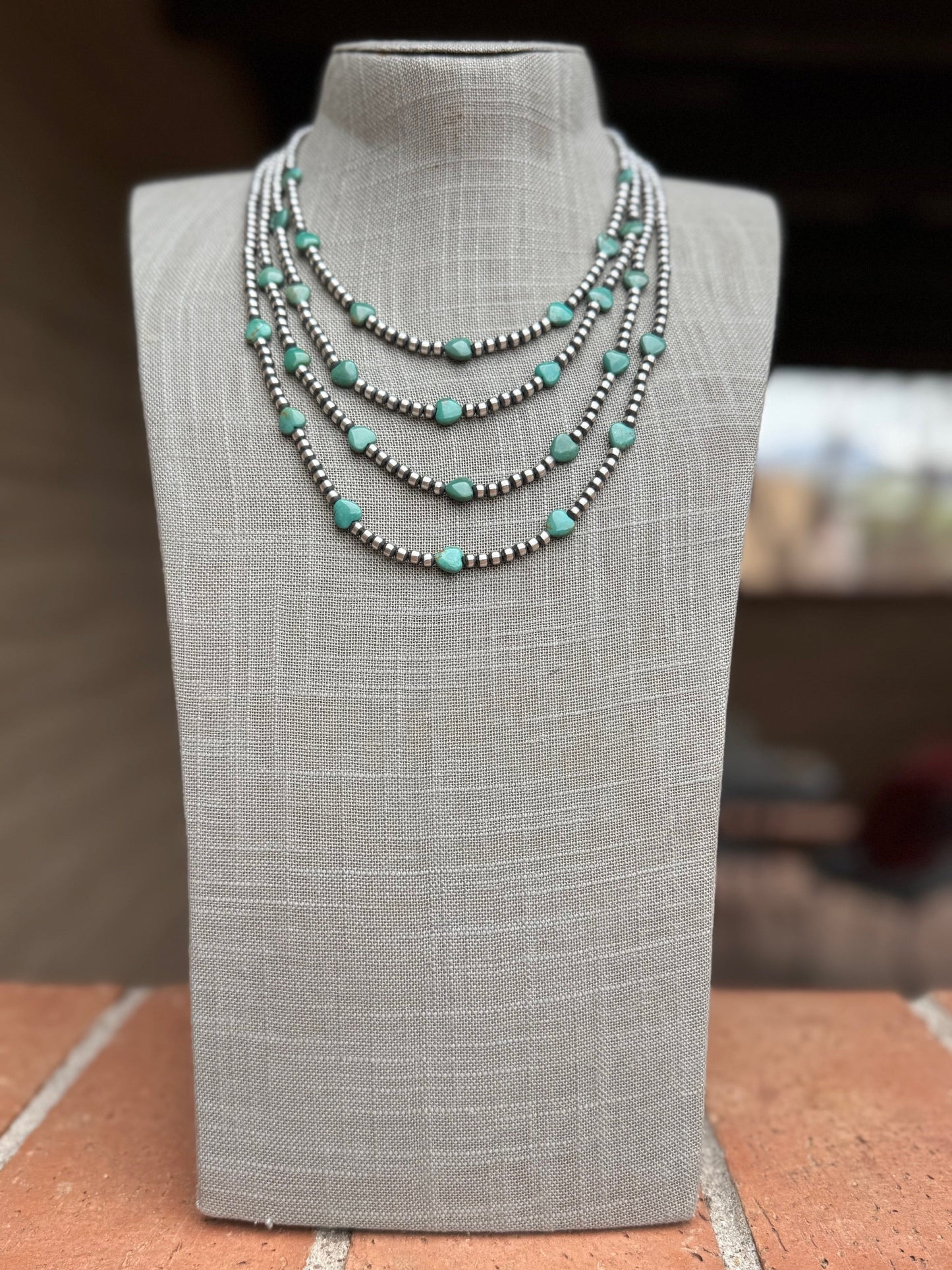 Handcrafted Kingman Turquoise &  Sterling Silver Heart 4mm Beaded Necklace