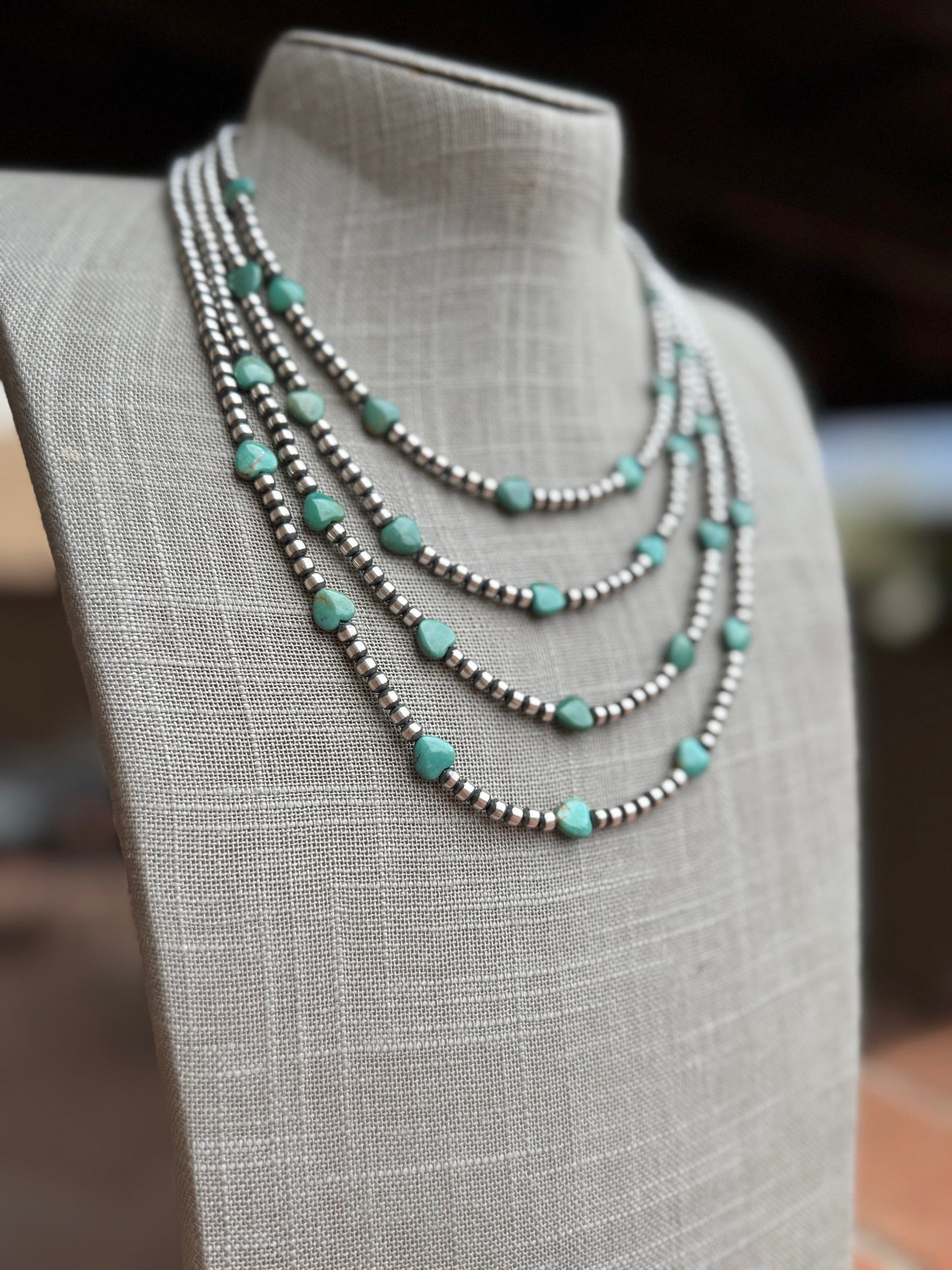 Handcrafted Kingman Turquoise &  Sterling Silver Heart 4mm Beaded Necklace