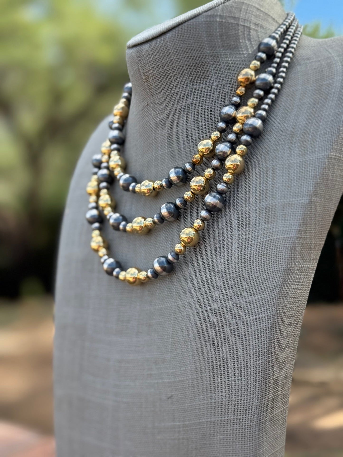 Handcrafted Sterling Silver & Gold 4-10mm Beaded Necklace
