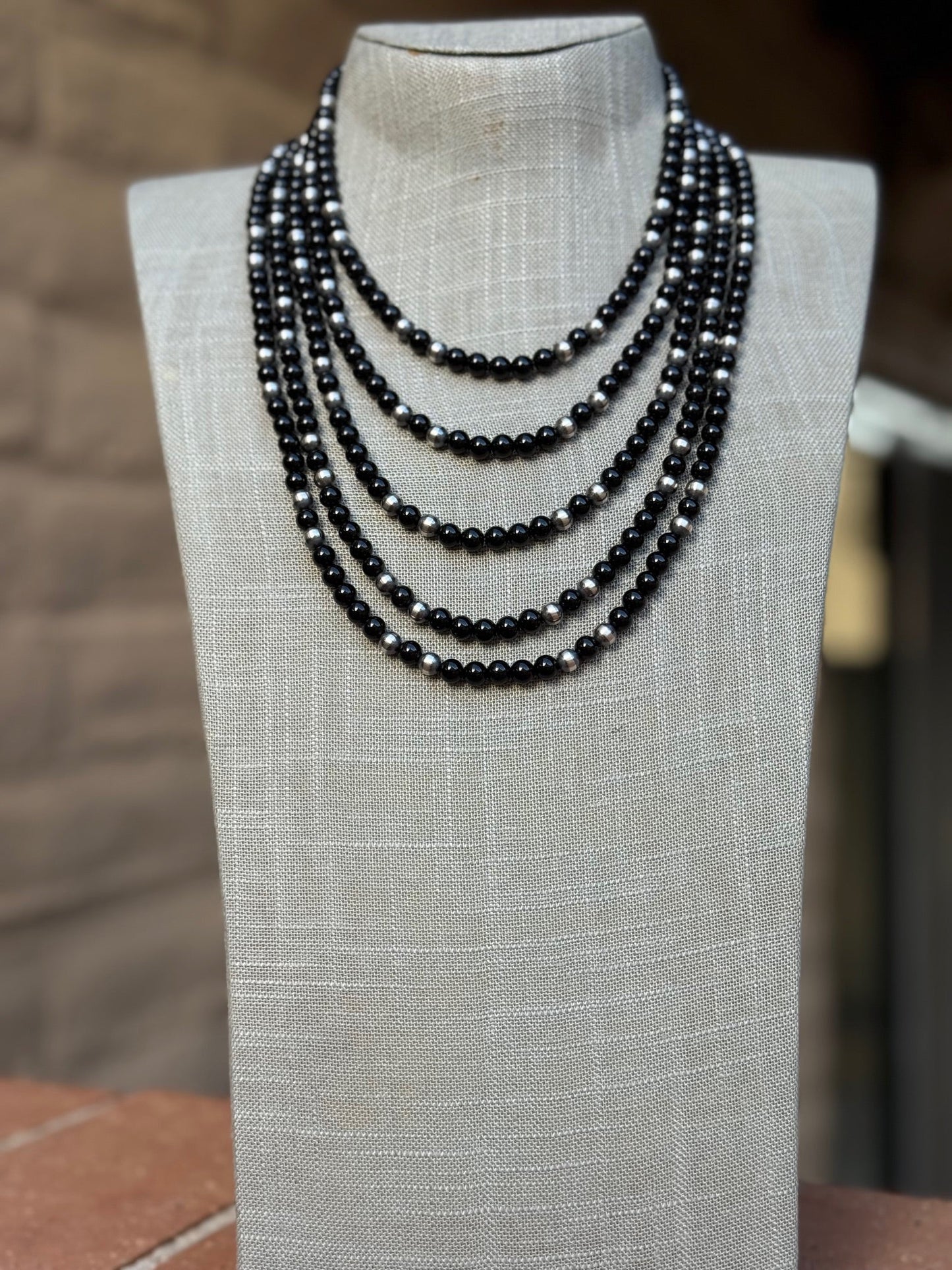 Handcrafted Sterling Silver Pearl & Black Onyx 6mm Beaded Necklace