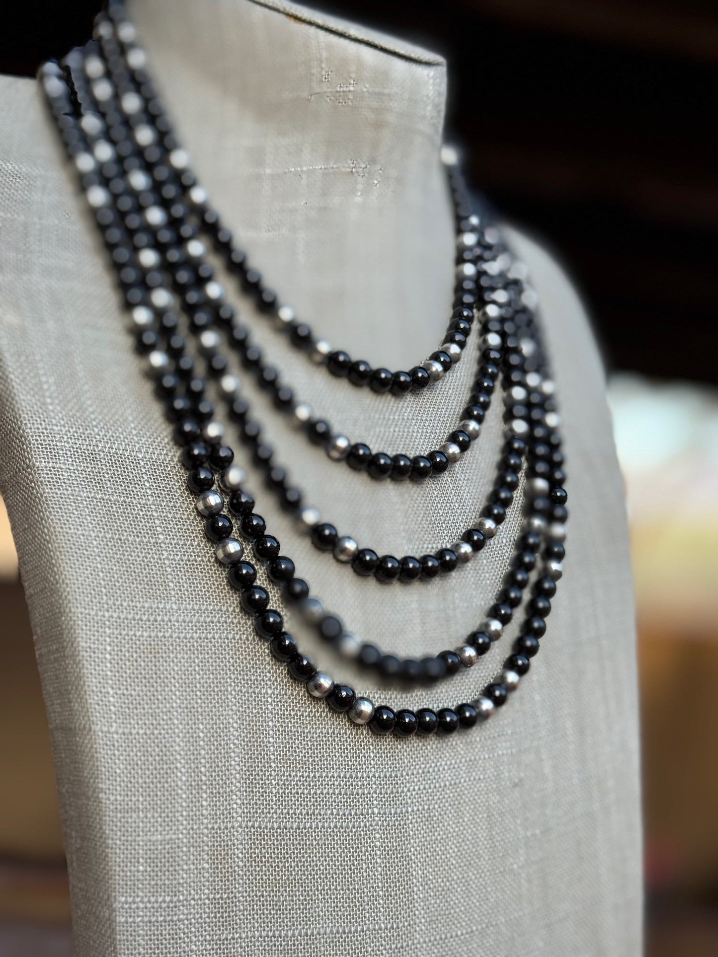 Handcrafted Sterling Silver Pearl & Black Onyx 6mm Beaded Necklace