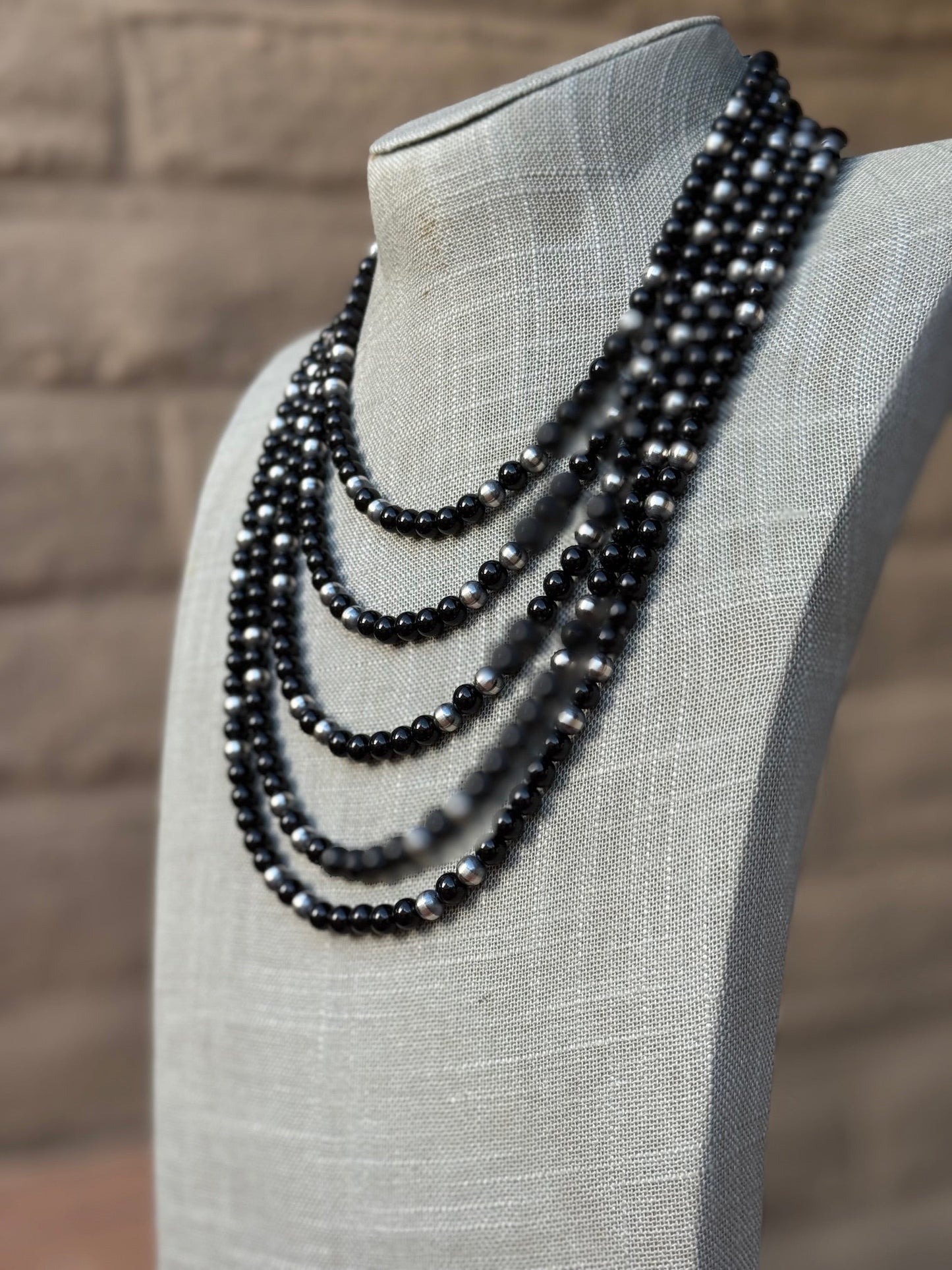 Handcrafted Sterling Silver Pearl & Black Onyx 6mm Beaded Necklace