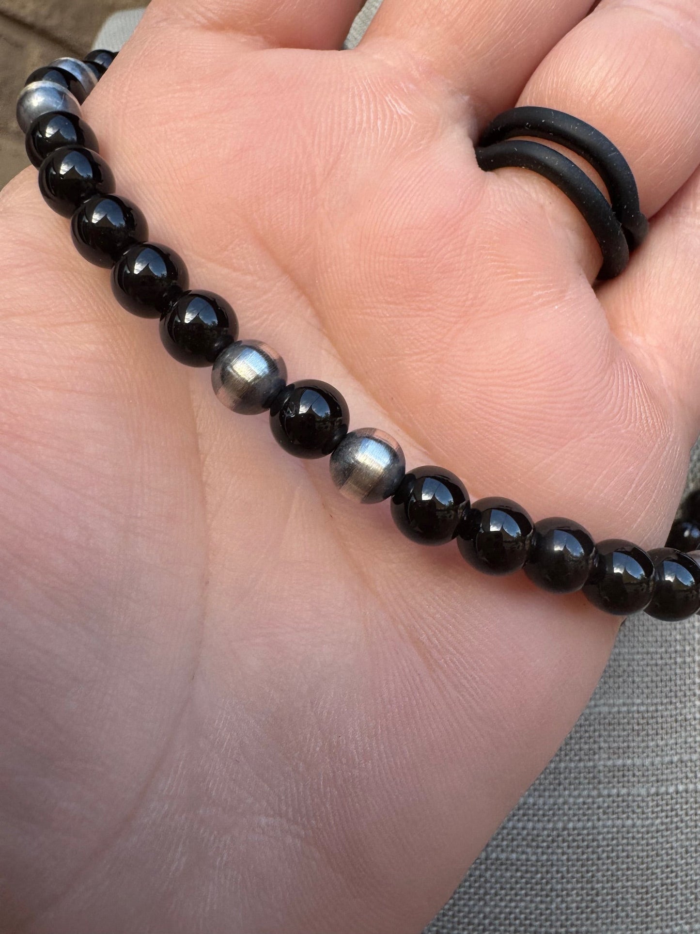 Handcrafted Sterling Silver Pearl & Black Onyx 6mm Beaded Necklace
